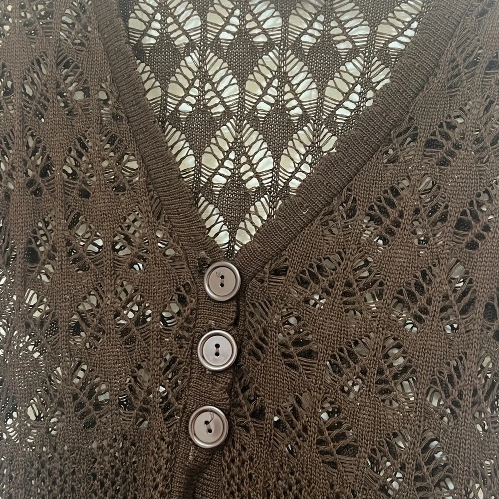 Wet Seal Brown Boho Open Knit Half Sleeve Button Hippie Long Cardigan Sweater